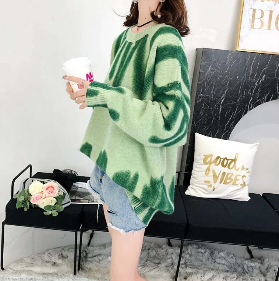 

Green Striped Printed Pullovers Women Winter O Neck Loose Long Pullovers Streetwear Warm Outerwear Nice