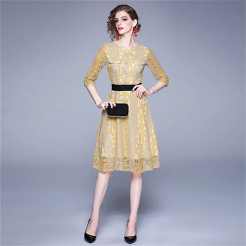 

Women Spring Designer Elegant Lace O Neck Sexy Slim Cocktail Party Robe New Female Vintage A-line Dress Vestidos