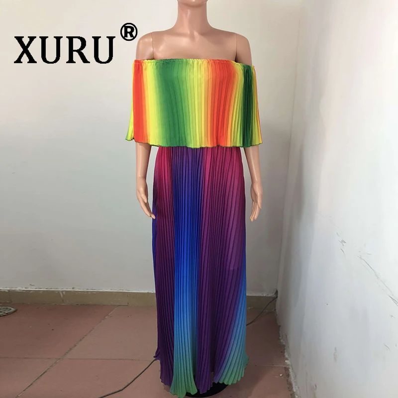 XURU летнее Новое шифоновое платье с градиентом, плиссированное сексуальное богемное пляжное длинное платье, комбинированное платье с принтом Tie Dye