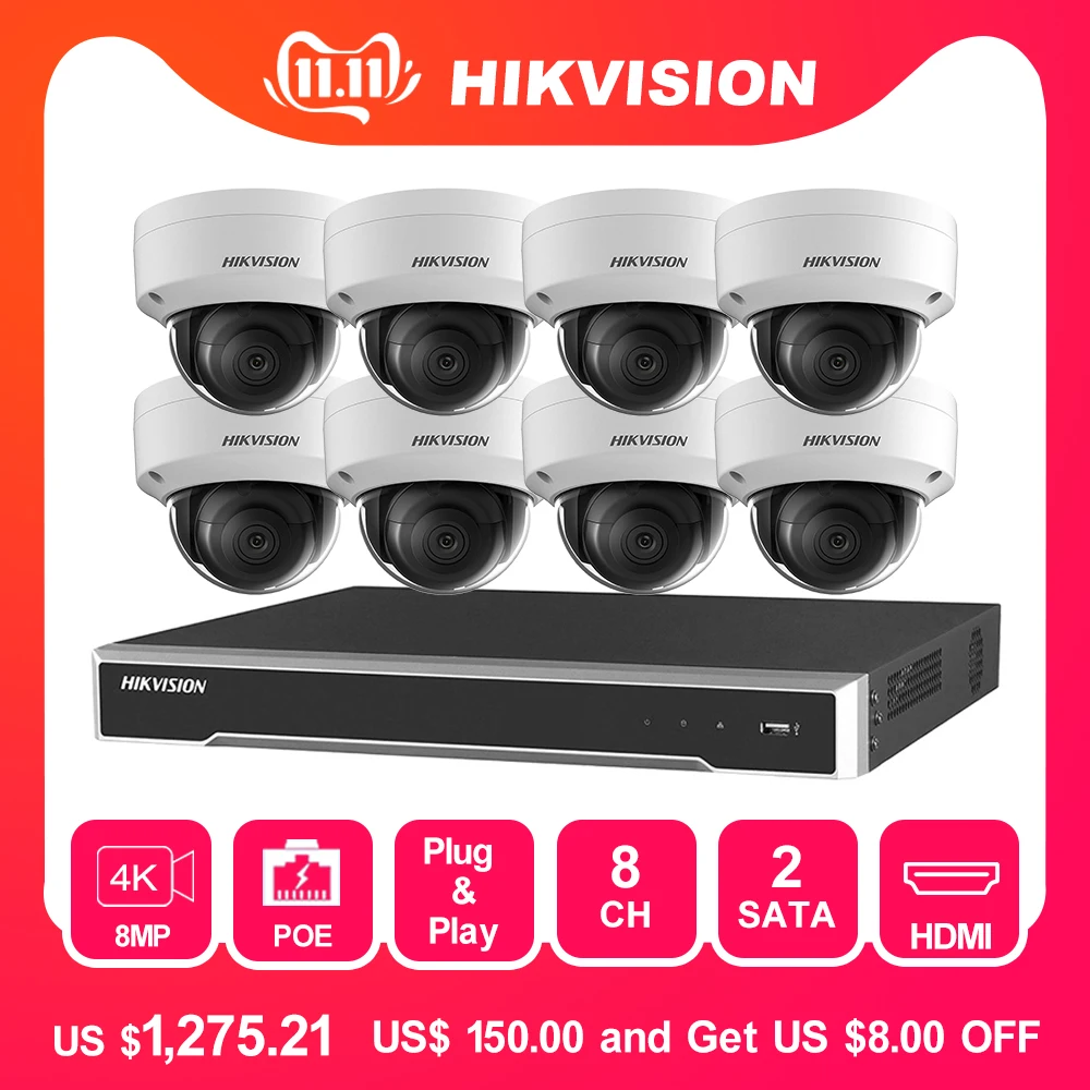 Hikvision CCTV система 8MP камера Система 8 канальный PoE NVR и 4 ip камеры с питанием по Купол