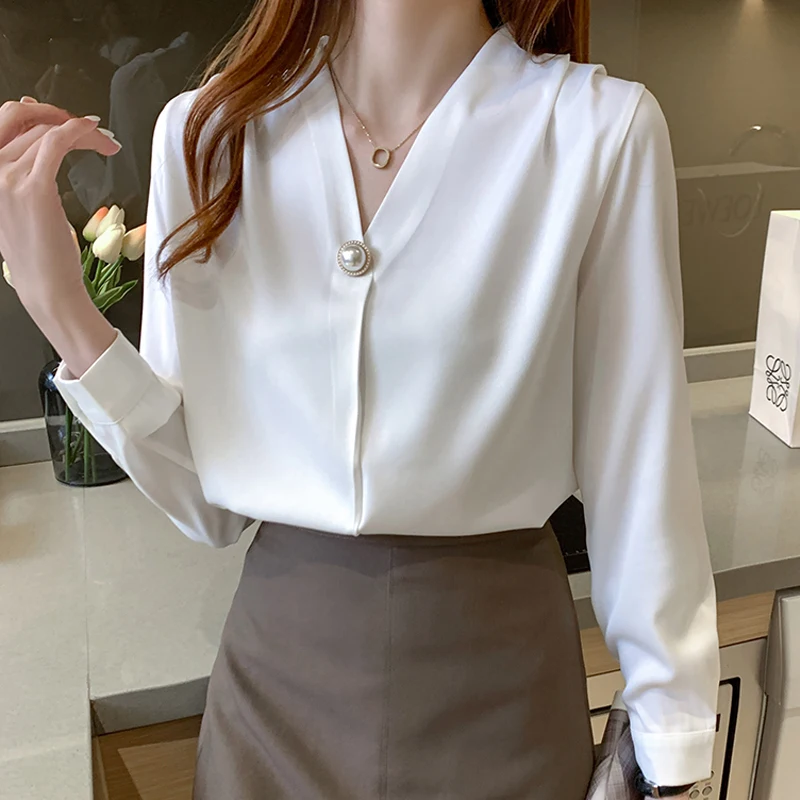 Блузка женская шифоновая с длинным рукавом элегантная офисная рубашка V образным