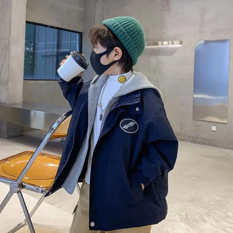 

Autumn 4-15Y Children Clothes Fake Two Thickened Cotton Hooded Jacket For Boys Outwear Sport Waterproof Kids Coat Windbreaker