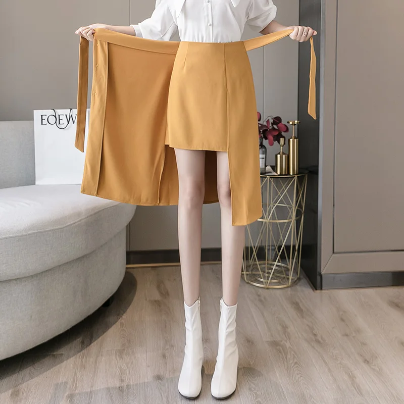 

2021 Summer One-piece High-waisted Long Skirt Sashes Wrap Skirts Lace up Midi Skirt with Slit Korean Office Lady Work Wear Falda