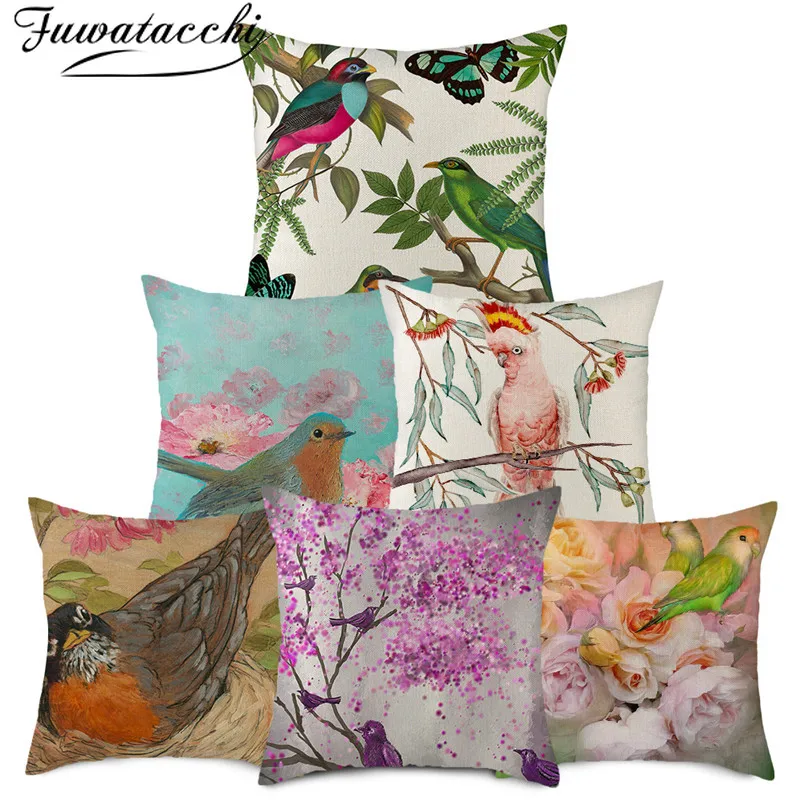 Наволочка на подушку с изображением милой птицы из льна Fuwatacchi цветочным рисунком