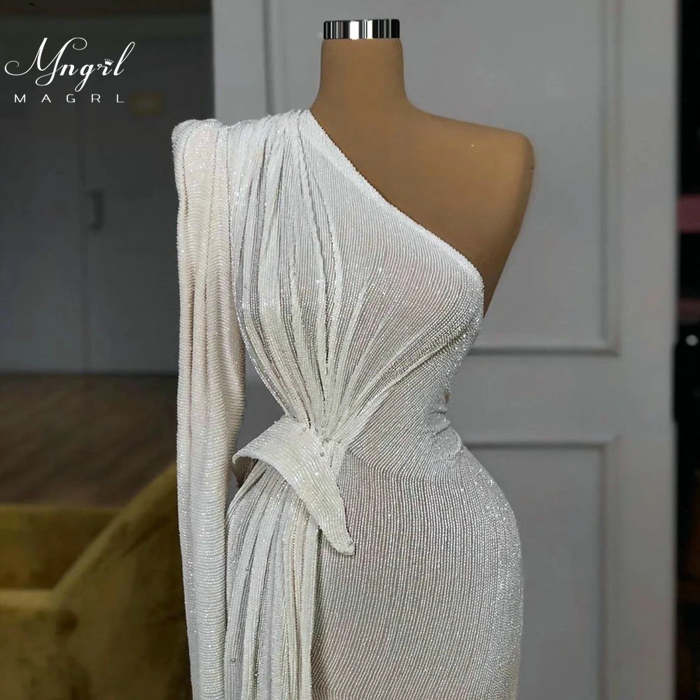 

MNGRL Luxury Evening Dress One-shoulder Long Sleeves Hand-applied Diamonds Glittering 2021 New Evening Dress Party Dress