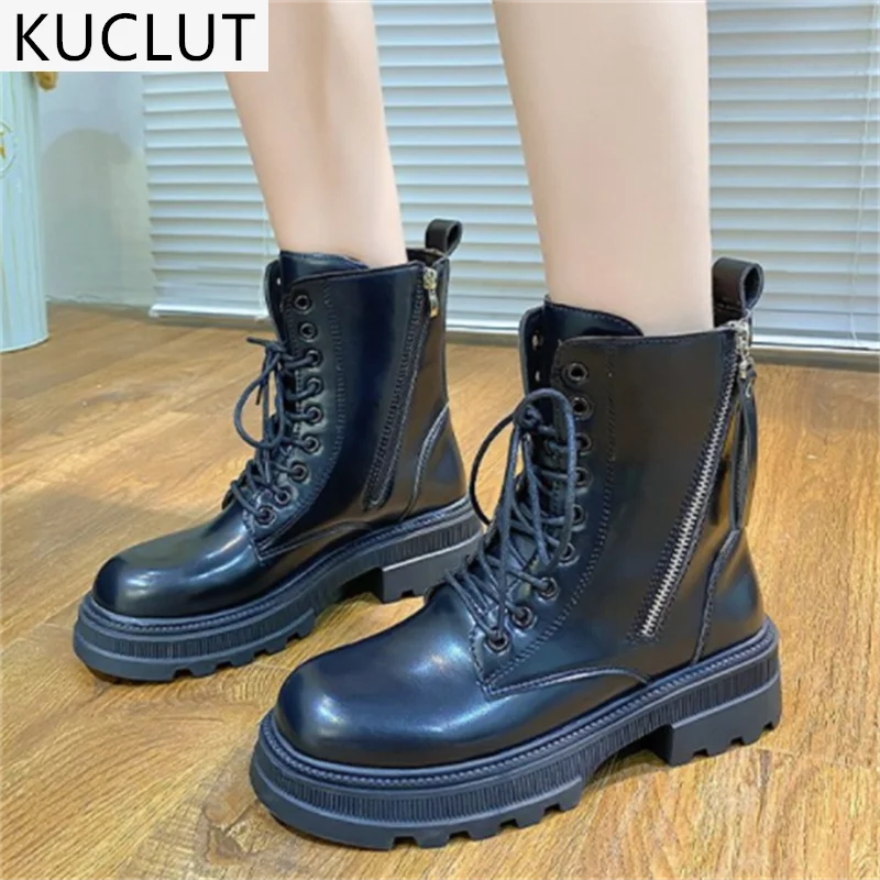 

2021 Autumn Fashion Mid-heel Women's Ankle Boots Platform Lace-up Retro Zipper Martin Boots Comfortable Plus Velvet Women Boots