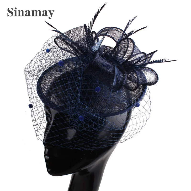 Yellow Elagant Ladies Sinamay Fascinators Feather Mesh Hair Accessories Bridal Wedding Dot Veils Headdress Fedora Caps |