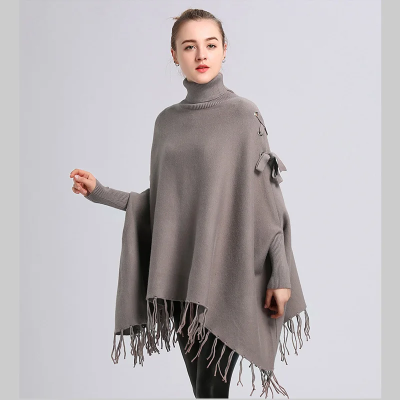 

Women's 2020 New High Collar Knitted Bat Sleeve Bow Shirt Women's Temperament Cape Cape Coat Hem Tassel Loose Pullover Sweater
