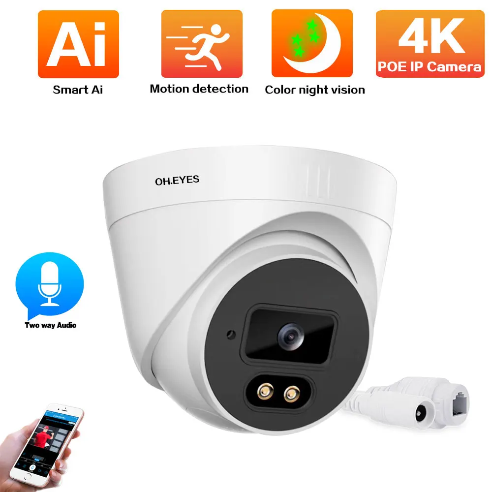 

H.265 4K Full Color Night Vision CCTV Security Camera POE Indoor Home IP Dome Video Surveillance Camera System 2 Way Audio 8MP