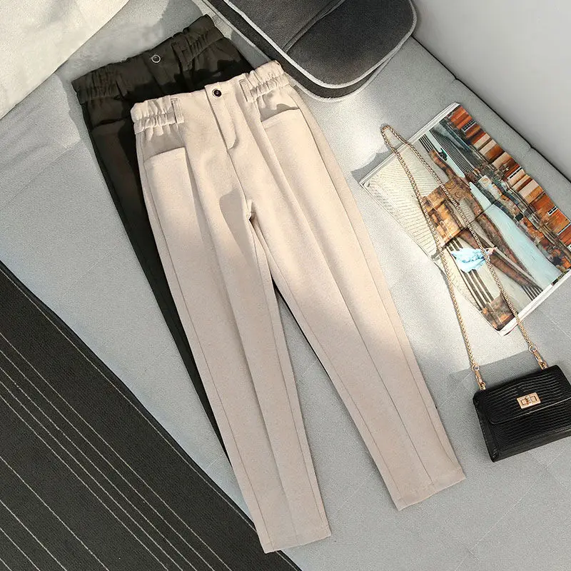 Женские шерстяные брюки с высокой талией шаровары в Корейском стиле теплые