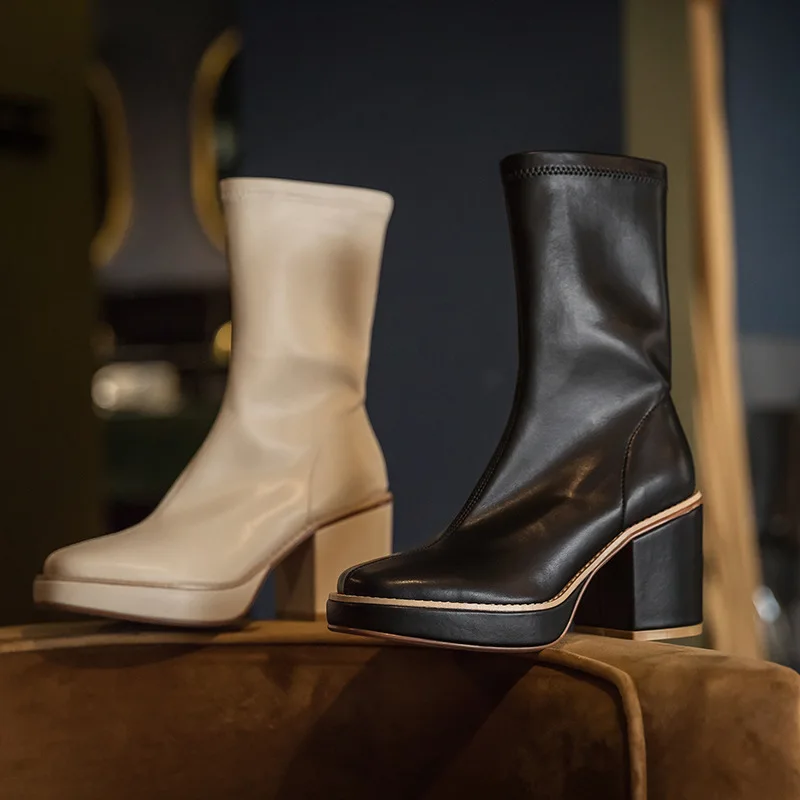 

Thick-heel Platform High-heel Woman Boots Round Toe Mid-Calf Slip-On Riding Boots All-match Comfortable Size 43 Women Shoes