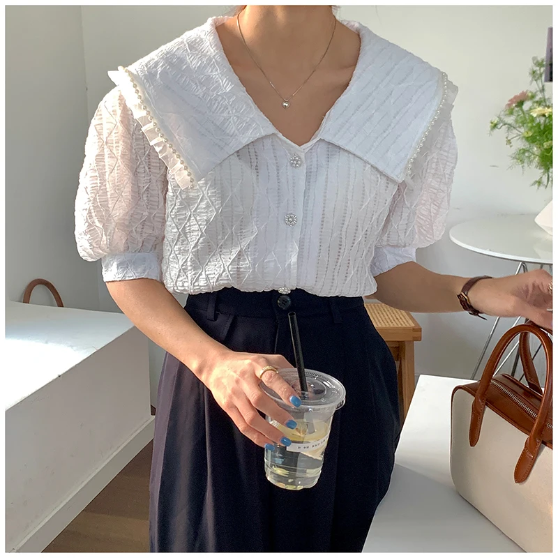 

HziriP Korean Gentle Peter Pan Collar Elegant Short-Sleeved Shirt Women Summer 2021 New Design Sense All-Match Casual Blouses