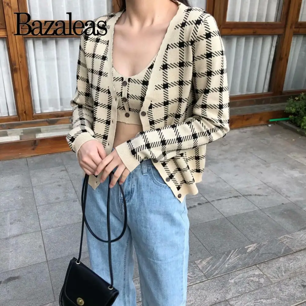 Bazaleas harajuku тартан вязаный женский костюм уличная укороченный топ и свитер