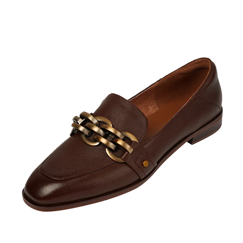 

2021 New Women Chain Loafers Low Heels Genuine Leather Round Toe Slip on Loafers Ladies Cozy Casual Spring Shoes