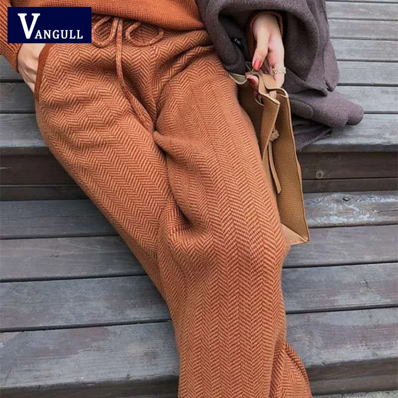 

Vangull Winter Elastic Waist Woolen Wide Leg Pants Women Soft Comfortable Cashmere Long Pants Female Loose Knitted Ladies Pants