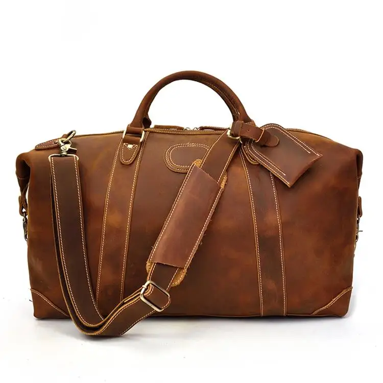 Dark brown Винтажные мужские спортивные сумки Crazy Horse из кожи, 20 дюймов, большая вместительность, натуральная кожа, дорожная сумка, большой багаж, выходные сумки, сумка на плечо - Цвет: Dark brown