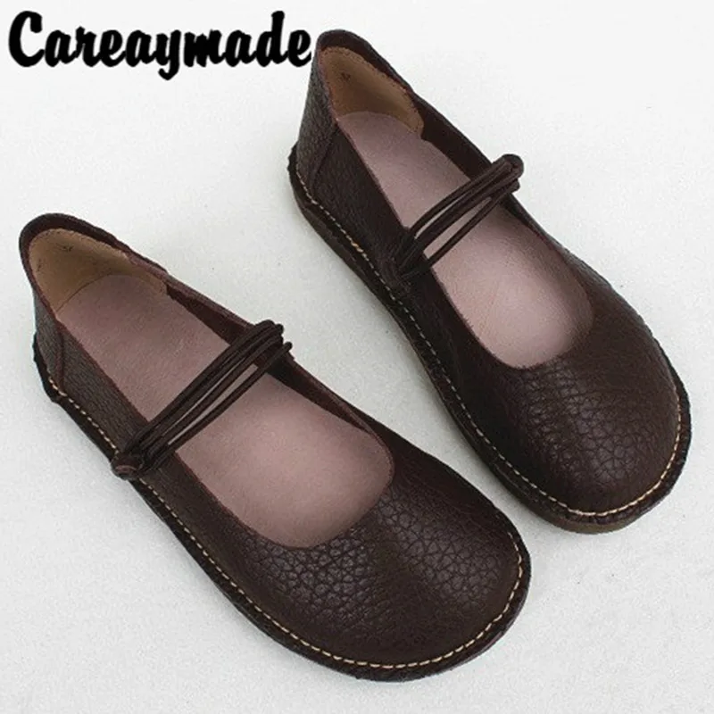 Careaymade-Spring retro women's shoes,flat soft sole round head grandma's shoes,pure hand-made genuine leather single shoes