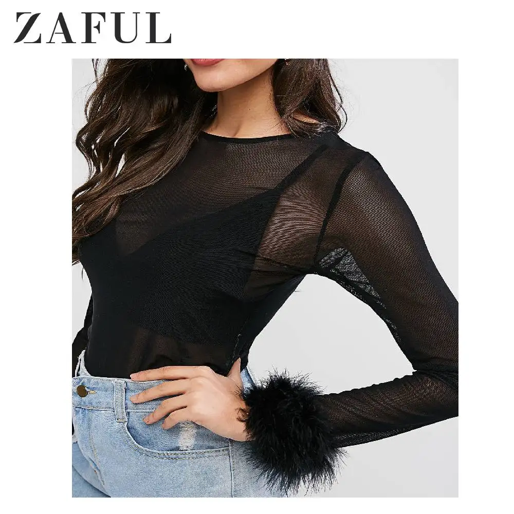 ZAFUL перьевые манжеты из прозрачной сетки с длинным рукавом топ круглым вырезом