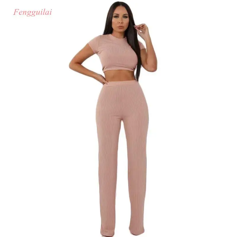 

2 Two Piece Set Women Ribbed O Neck Crop Top and Long Pants Set Sexy Autumn Short Sleeve Tracksuit elasticity female Women 2020