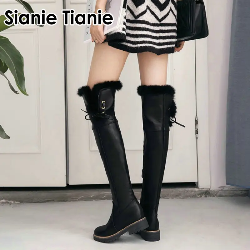 

Sianie Tianie winter warm faux fur womans boots round toe chunky low heels over-the-knee thigh high boots women overknee boots