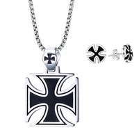 fashion knights templar iron jewelry sets for men boy cross necklace pendant earrings maltese male jewelry 24inch chain