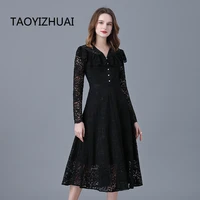 black temperament french lace dress spring and autumn new retro big swing a line dress shawl deep v small dress