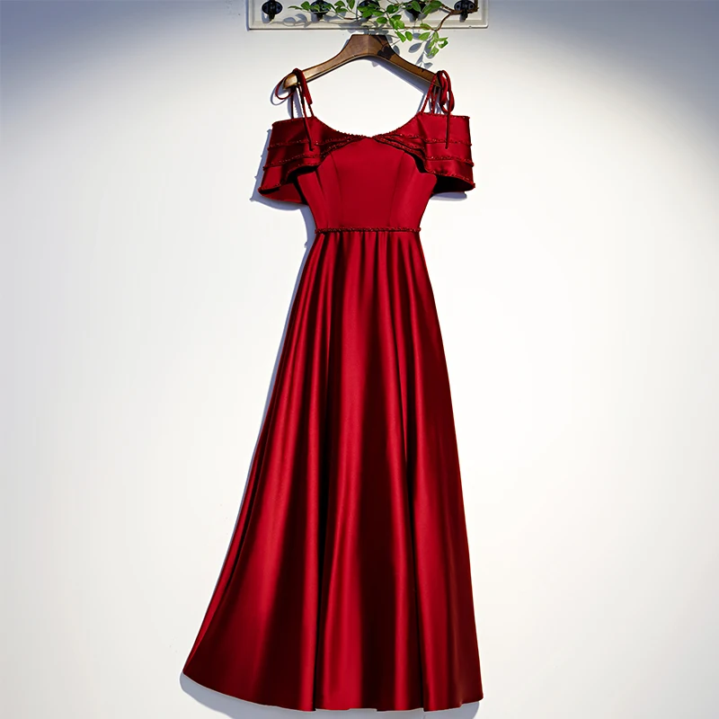 

Burgundy Elegant O-Neck Evening Dress Simple Beads Ruffles Short Sleeves Pleat A-Line Floor-Length Party Formal Gown Woman B382