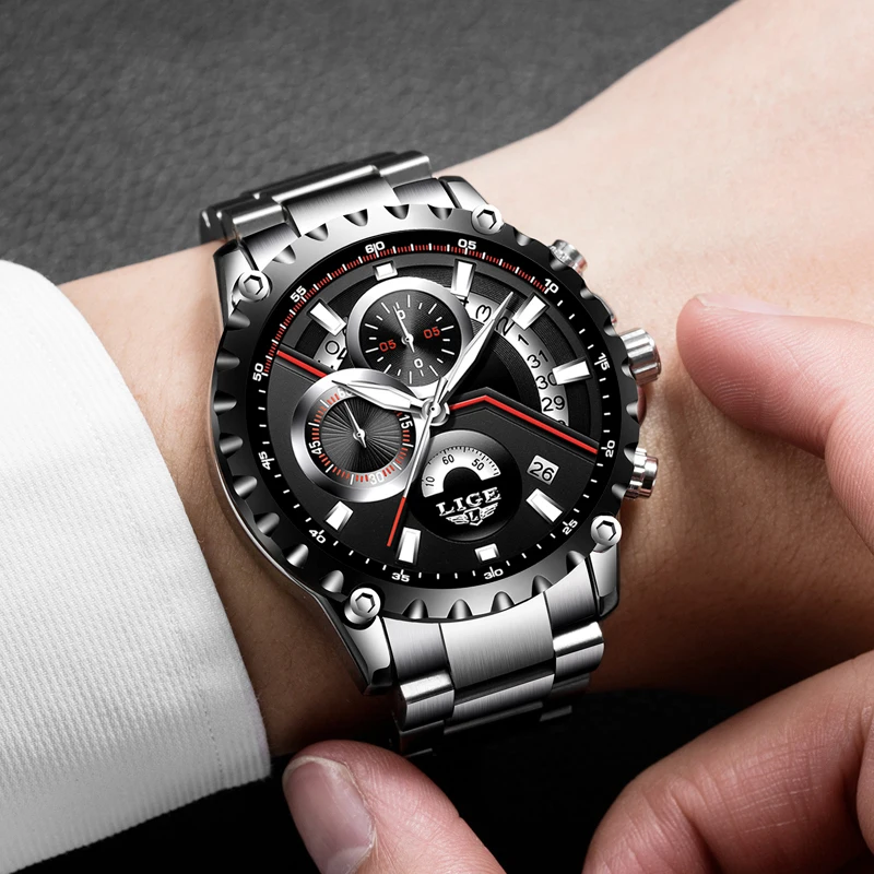 Модные мужские часы LIGE Топ бренд класса люкс Большой Циферблат