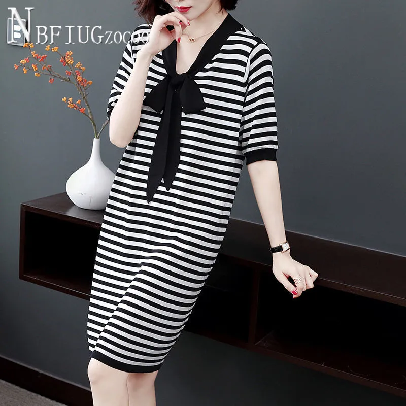 2020 размера плюс Украшение бантом женское платье корейские полосатые летние
