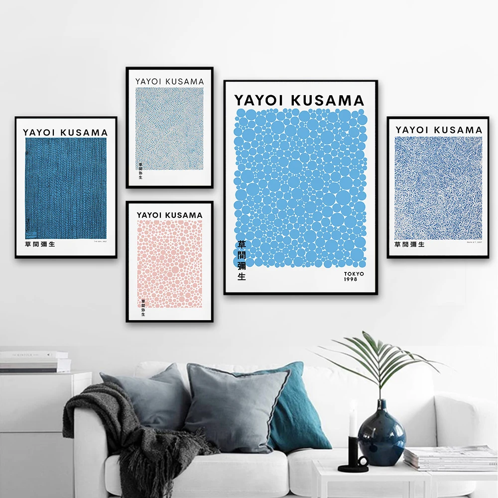

Yayoi Kusama Exhibition Posters Abstract Blue Blush Dots Wall Art Pictures Infinity Nets Rain Canvas Painting Living Room Decor