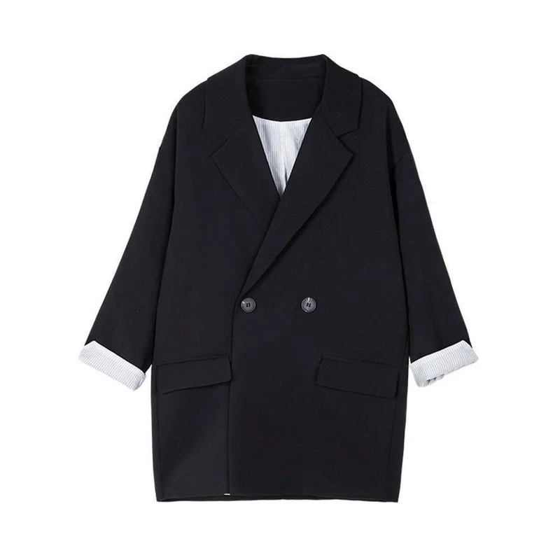 

Blazers Women Black Double Breasted Notched Spring Korean Style Loose Chic Leisure Casual Blazers Office Lady Elegant Tops Suit
