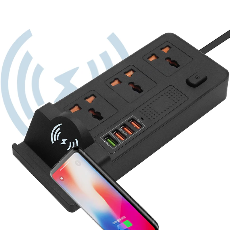 Tira de Energia Inteligente com Carregador sem Fio 2usb + Carga Rápida Desktop Tomada Estação Carregamento 3ac Universal Interruptor qc 3.0