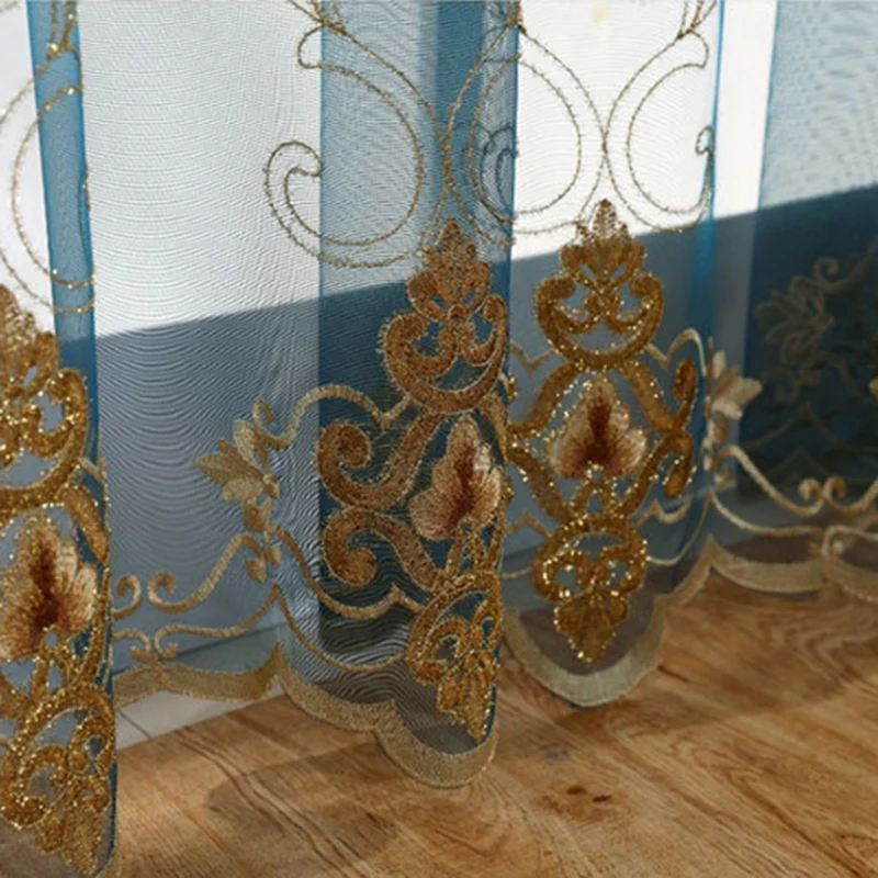 

Hotel Flower Golden Embroidery Tulle Curtains for Living Room Embroidery Blue Transparent Yarn for Villa X-HM475#VT