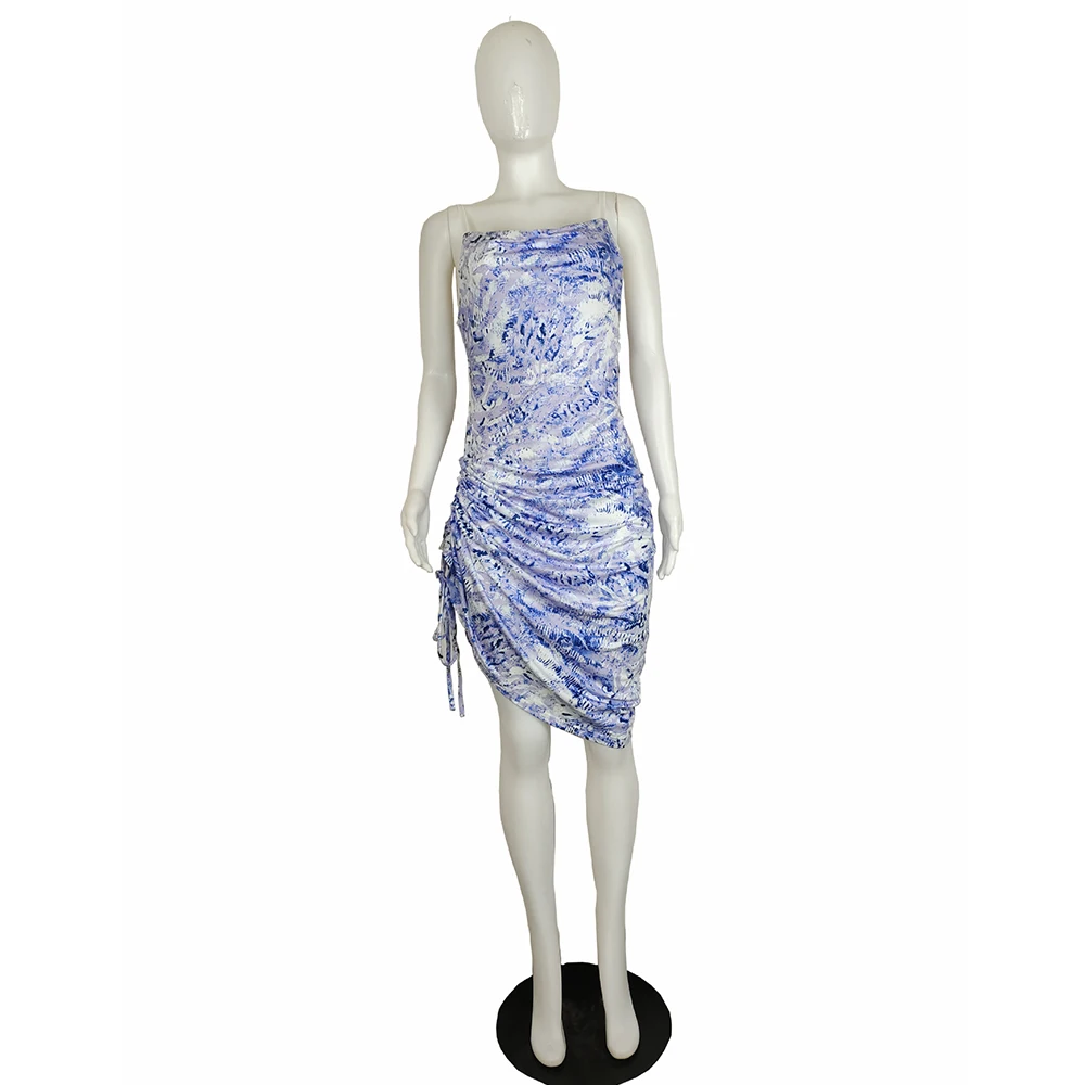 

Ruched Drawstring Print Elegant Bandage Dress Sexy Women Spaghetti Strap Backless Robe Femm Vintage Side High Split Party Dress