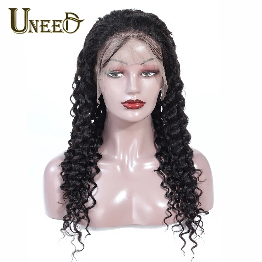 Uneed 13*4 парики на шнурках для черных женщин Бразильские глубокие волнистые человеческие волосы парики предварительно сорванные с волосами младенца 150% плотность remy волосы