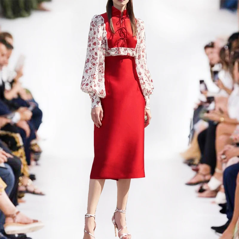 Fashion Runway 2022 Spring Vintage Dress Women Red Flowers Printed Long Sleeve Patchwork Elegant Slim Party Dresses