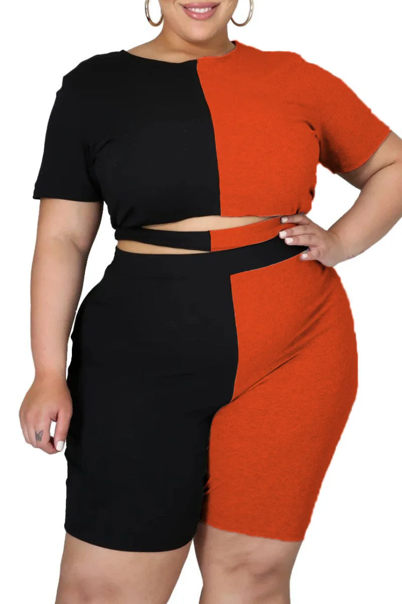 

Plus Size Two Piece Women's Clothing Custom Sexy Navel Bearing Personality Stitching Contrast Solid Color Casual Shorts Suit