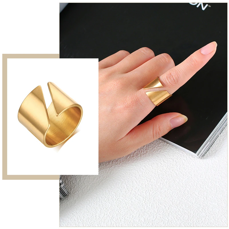 

Chic Geometric Rings for Women, 15mm Wide Gold Tone Stainless Steel Wedding Bands, Punk Party Gifts Jewelry
