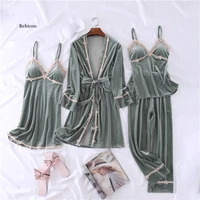 women velvet pajamas sets 4pcs sexy night suit nightwear solid color sleep lounge female home clothing homewear with chest pads