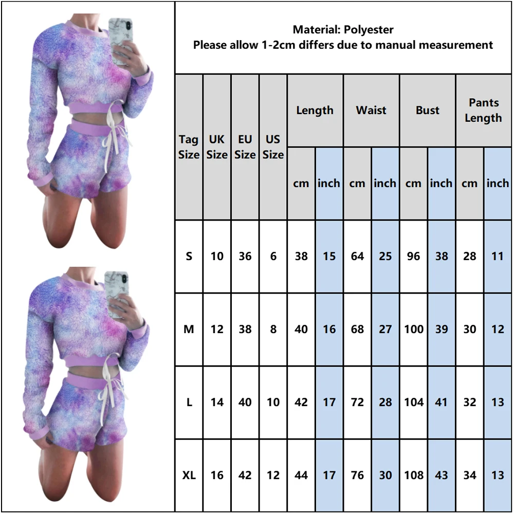 

2PCS Sets Sexy Fluffy Suits Velvet Plush O Neck Sleepwear Shorts+Crop Top Women Tracksuit Casual Tie Dye Sweatshirts Suit D30