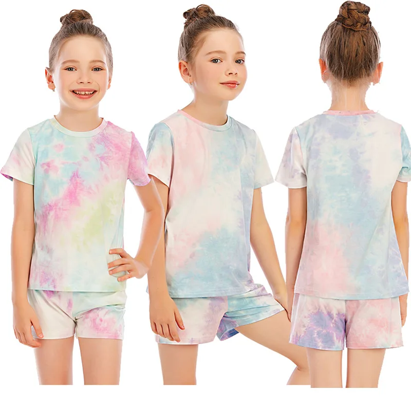 

Tie Dye Shirt+Shorts Set Summer Kids Clothes Girls Tracksuit Cotton Gradient Pajamas Kids Shorts Sets Sleepwear Children Clothes