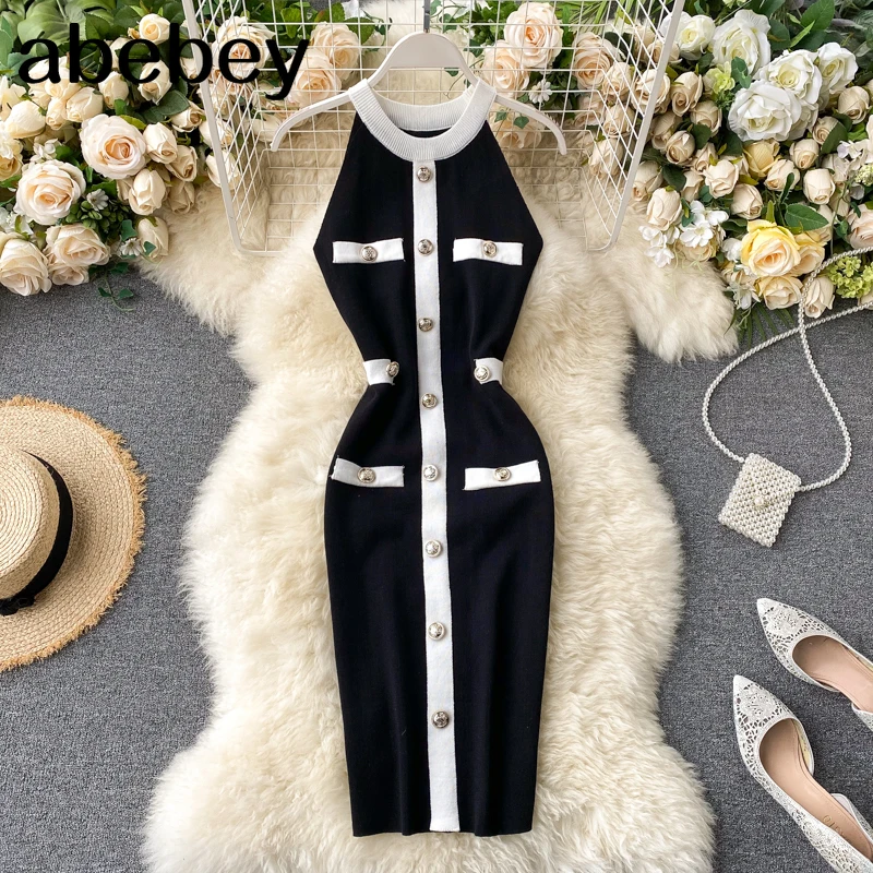 

Retro Dress 2021 New Women Fashion Sexy Halter Buckle Slimming Vestidos Knitted Summer Stretch Waist Bodycon Dresses