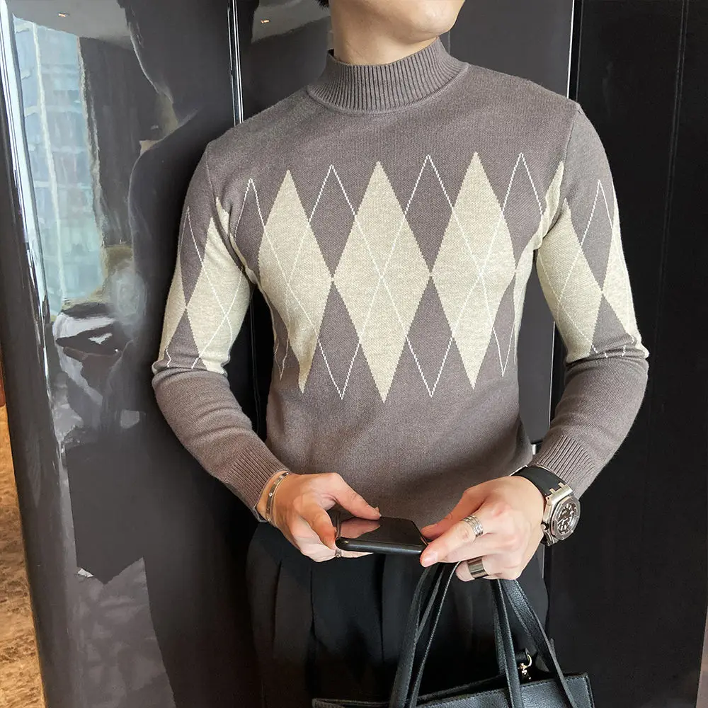 Свитер Мужской трикотажный облегающий с высоким воротником в клетку | Мужская