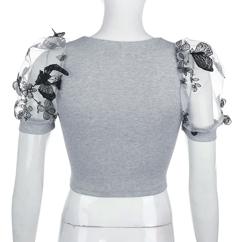 

2020 Women Short Sleeve Crop Tops Fashion Yarn Patchwork T-shirts Female Streetwear Sexy Slim Butterfly T shirts Clothes T155
