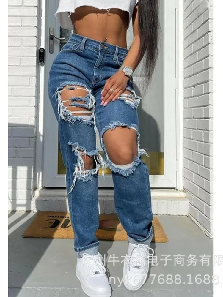 

Fashion Women Jeans Casual Hot Sale High Street Fashion Mid-waist Solid Color Straight Wash Water Ripped Fringed Jeans Donsignet