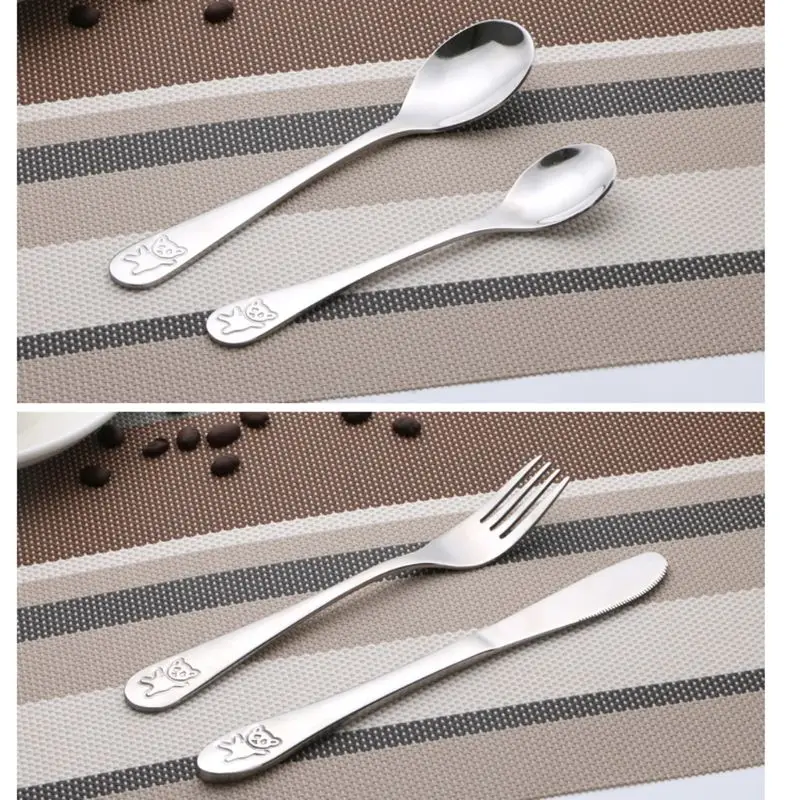 Juego de 4 unids/set de cucharas para beb&eacute;, cuchara de alimentaci&oacute;n, tenedor, cuchillo, utensilios de acero inoxidable para aprender a comer, vajilla para ni&ntilde;os-4