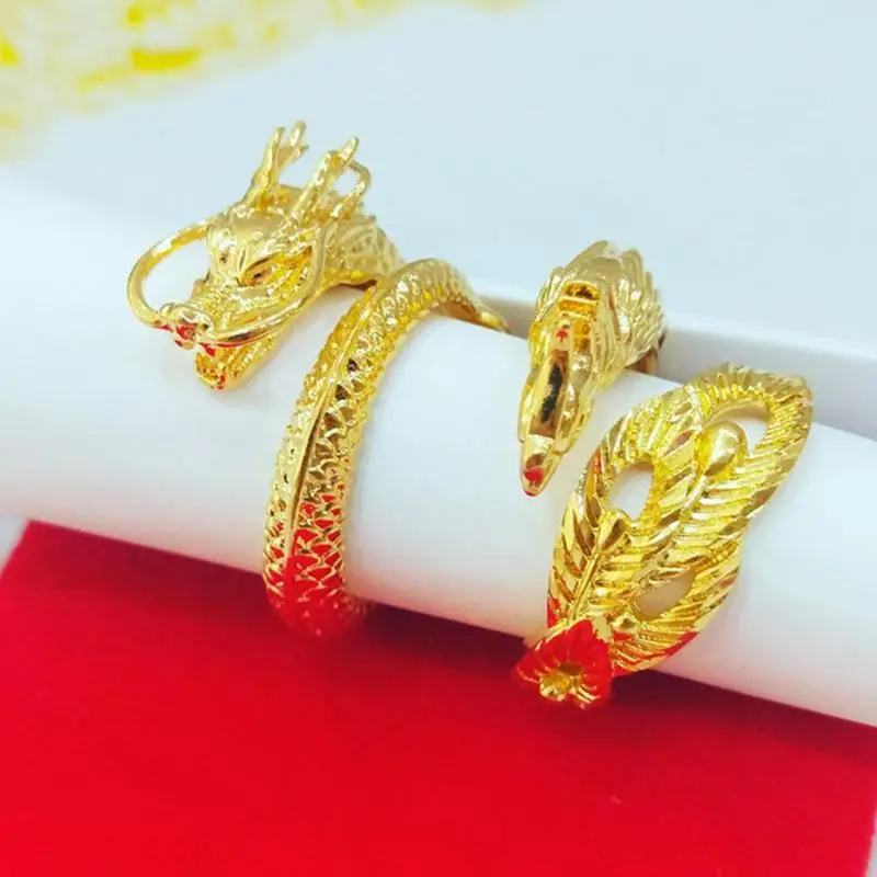 Кольцо с драконом и Фениксом для пар песочное золото открытое регулируемое