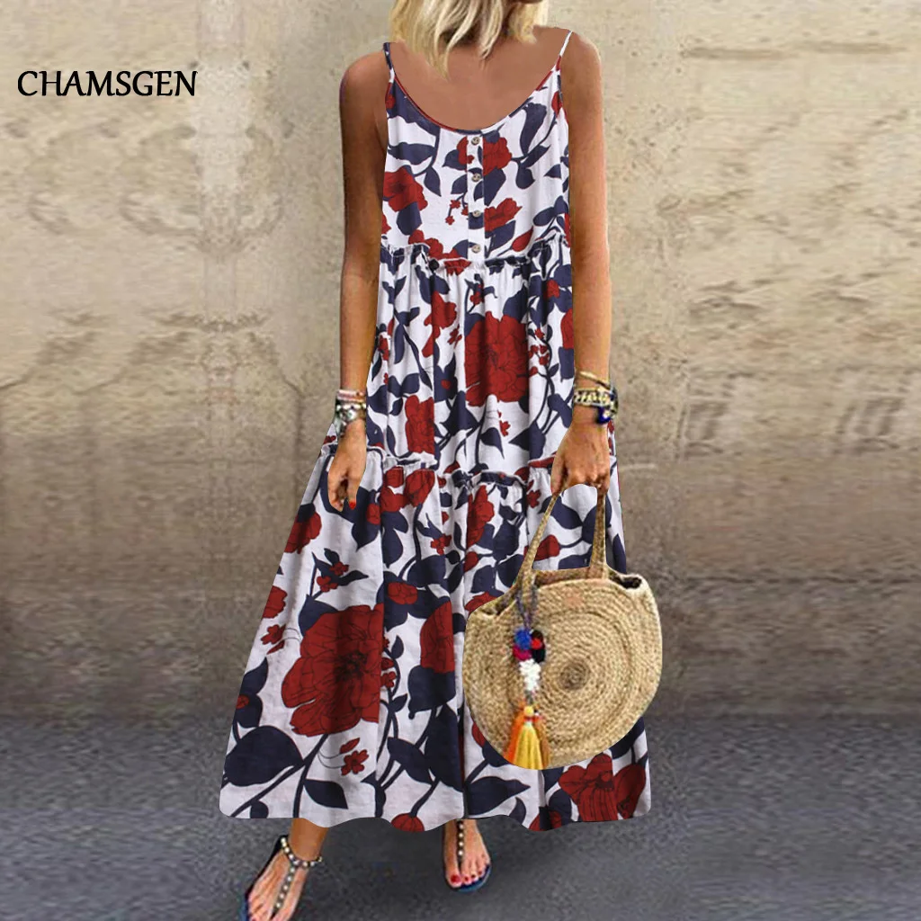 CHAMSGEND женское свободное платье на пуговицах без рукавов в стиле бохо ретро