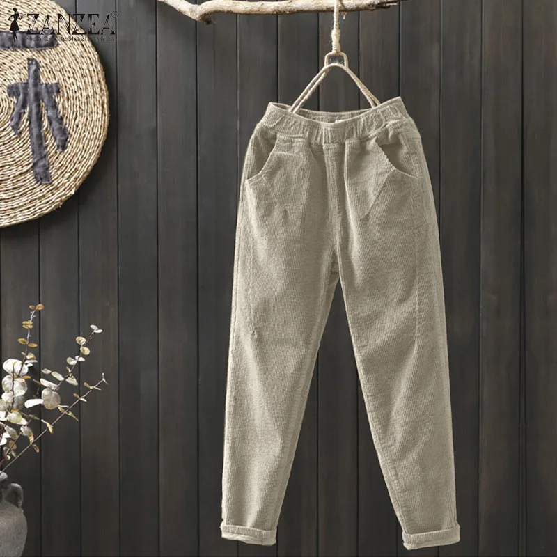 

Oversized ZANZEA Spring Corduroy Pants Women Casual Solid High Elastic Work Long Harem Pants Pantalon Female Turnip Trousers