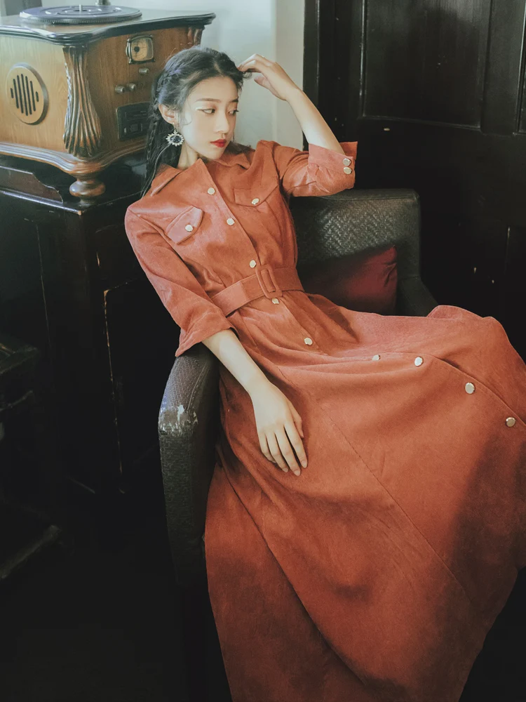 Леди темперамент ретро вельветовое платье Осень Зима Женское однотонное с